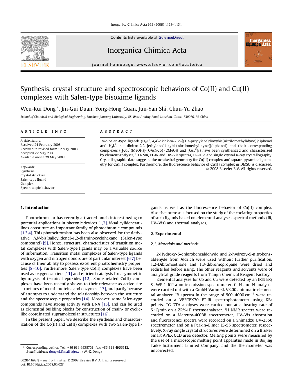 Synthesis, crystal structure and spectroscopic behaviors of Co(II) and Cu(II) complexes with Salen-type bisoxime ligands