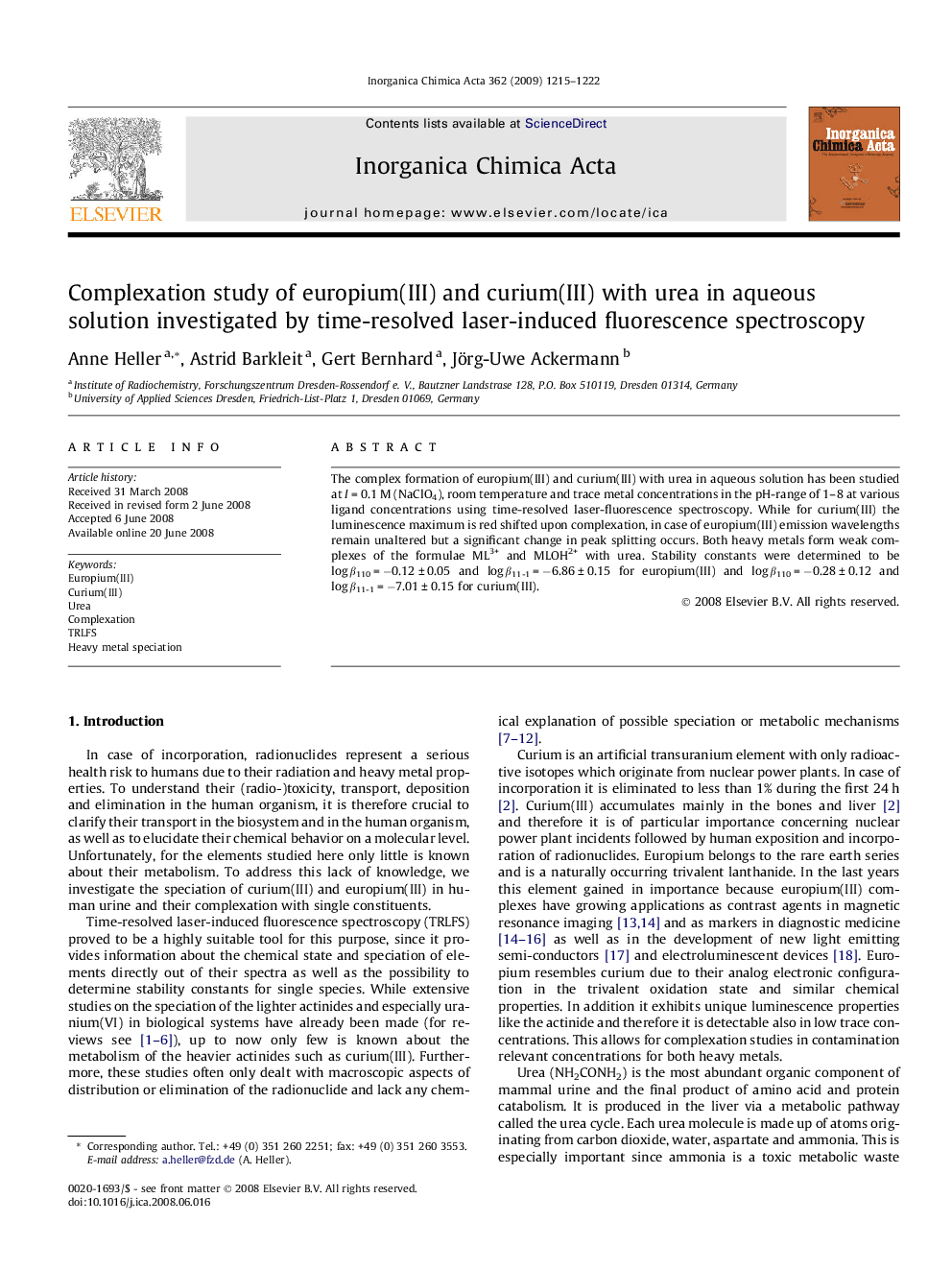 Complexation study of europium(III) and curium(III) with urea in aqueous solution investigated by time-resolved laser-induced fluorescence spectroscopy