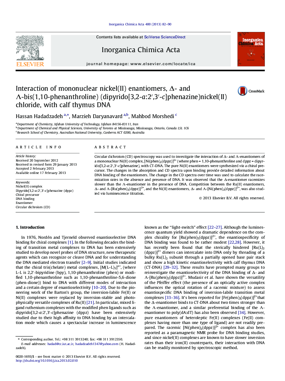 Interaction of mononuclear nickel(II) enantiomers, Δ- and Λ-bis(1,10-phenanthroline) (dipyrido[3,2-a:2′,3′-c]phenazine)nickel(II) chloride, with calf thymus DNA