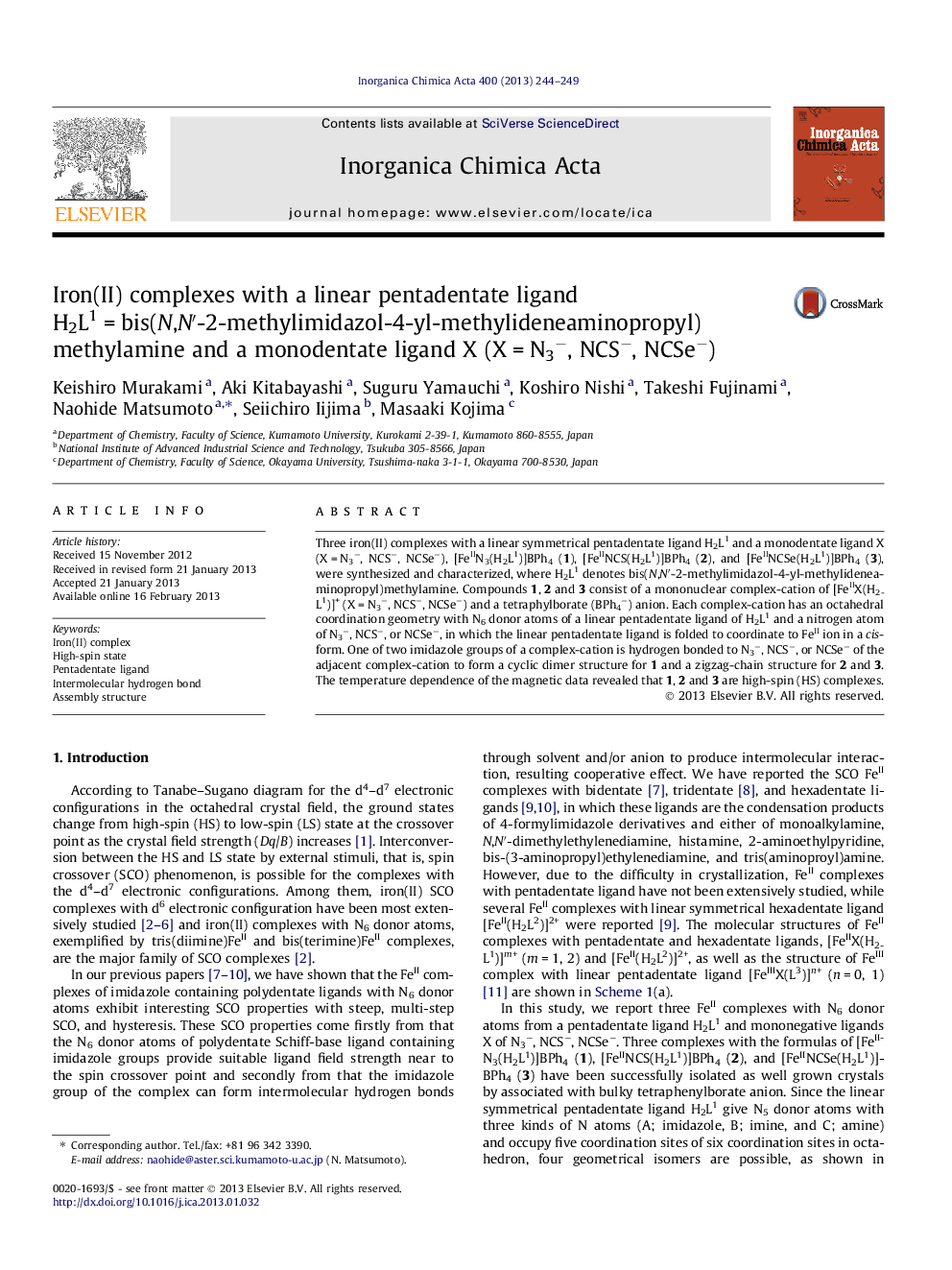 Iron(II) complexes with a linear pentadentate ligand H2L1 = bis(N,N′-2-methylimidazol-4-yl-methylideneaminopropyl)methylamine and a monodentate ligand X (X = N3−, NCS−, NCSe−)