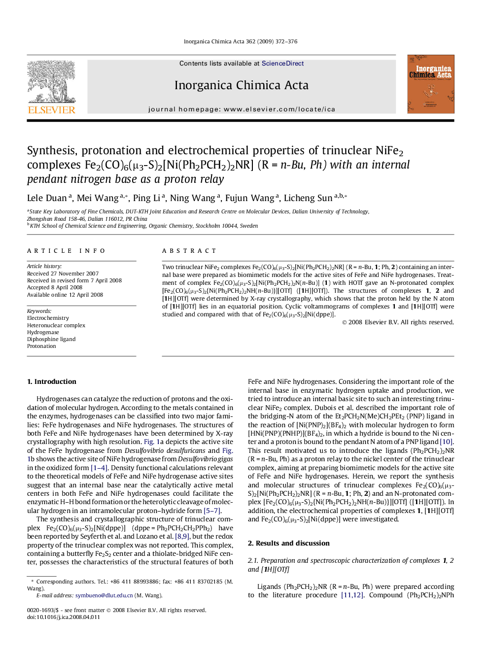 Synthesis, protonation and electrochemical properties of trinuclear NiFe2 complexes Fe2(CO)6(μ3-S)2[Ni(Ph2PCH2)2NR] (R = n-Bu, Ph) with an internal pendant nitrogen base as a proton relay