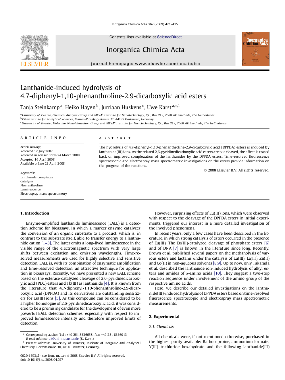 Lanthanide-induced hydrolysis of 4,7-diphenyl-1,10-phenanthroline-2,9-dicarboxylic acid esters