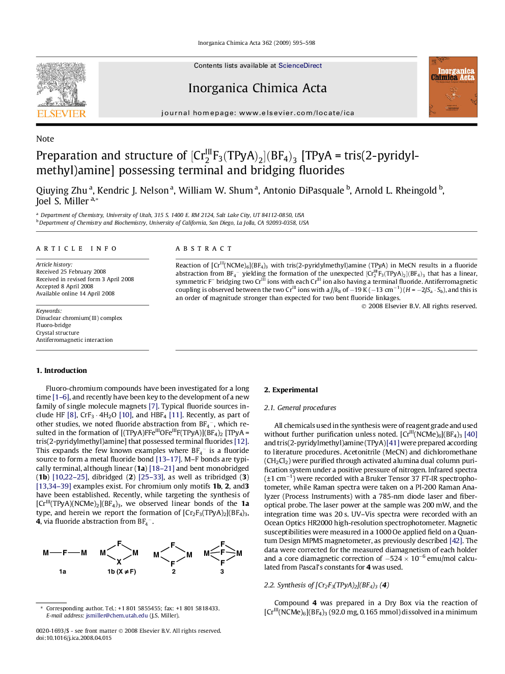 Preparation and structure of [Cr2IIIF3(TPyA)2](BF4)3 [TPyA = tris(2-pyridylmethyl)amine] possessing terminal and bridging fluorides