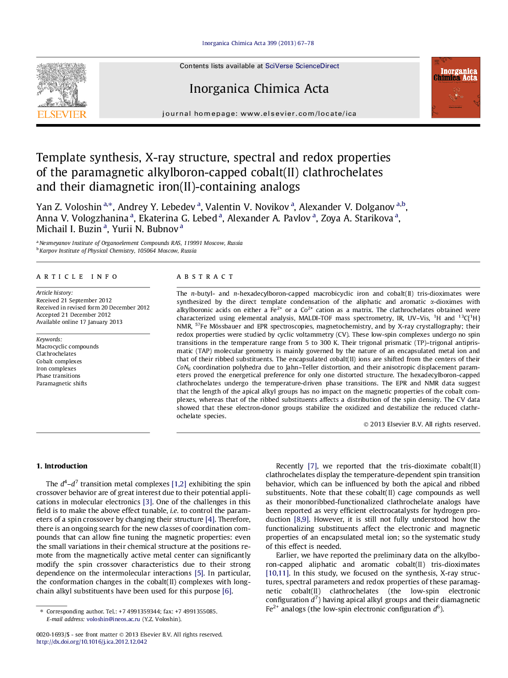 Template synthesis, X-ray structure, spectral and redox properties of the paramagnetic alkylboron-capped cobalt(II) clathrochelates and their diamagnetic iron(II)-containing analogs