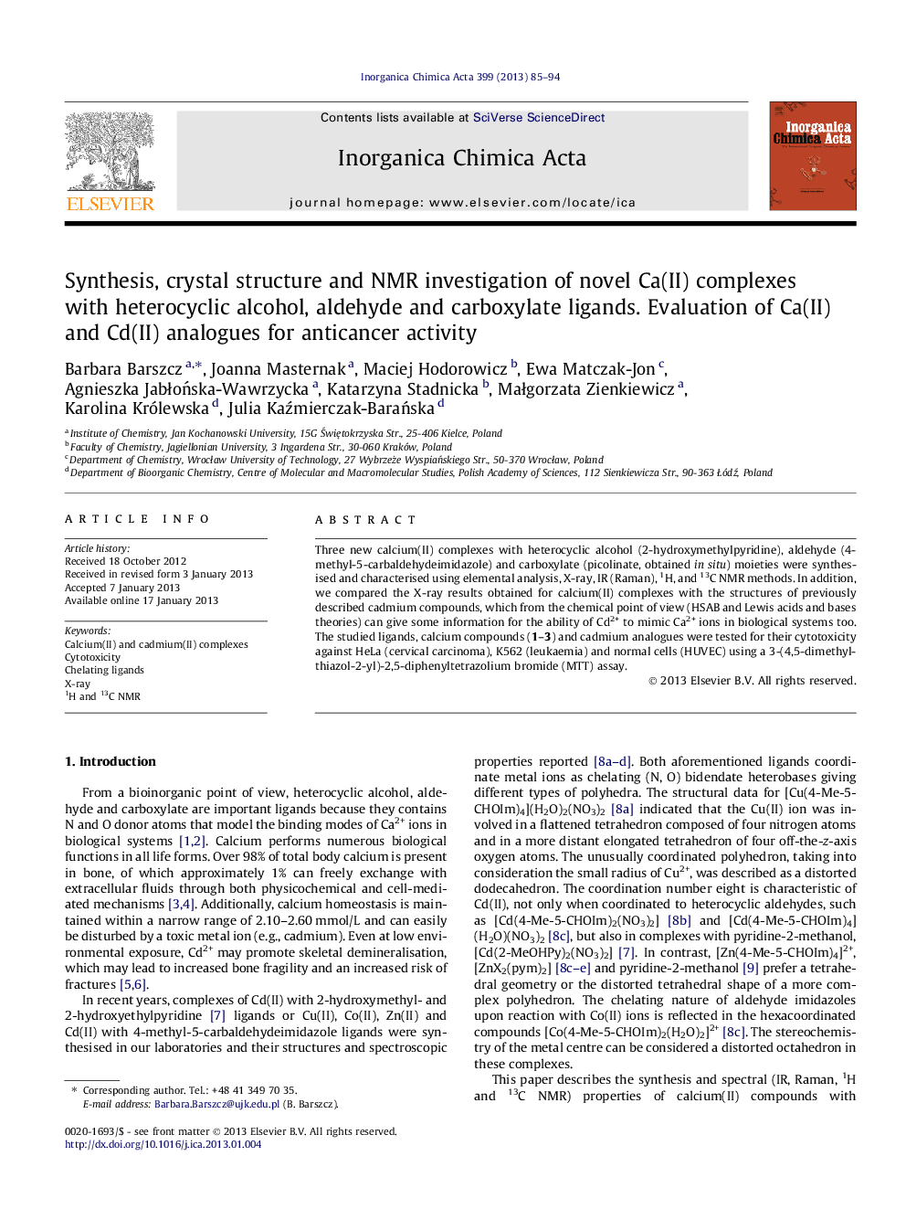 Synthesis, crystal structure and NMR investigation of novel Ca(II) complexes with heterocyclic alcohol, aldehyde and carboxylate ligands. Evaluation of Ca(II) and Cd(II) analogues for anticancer activity