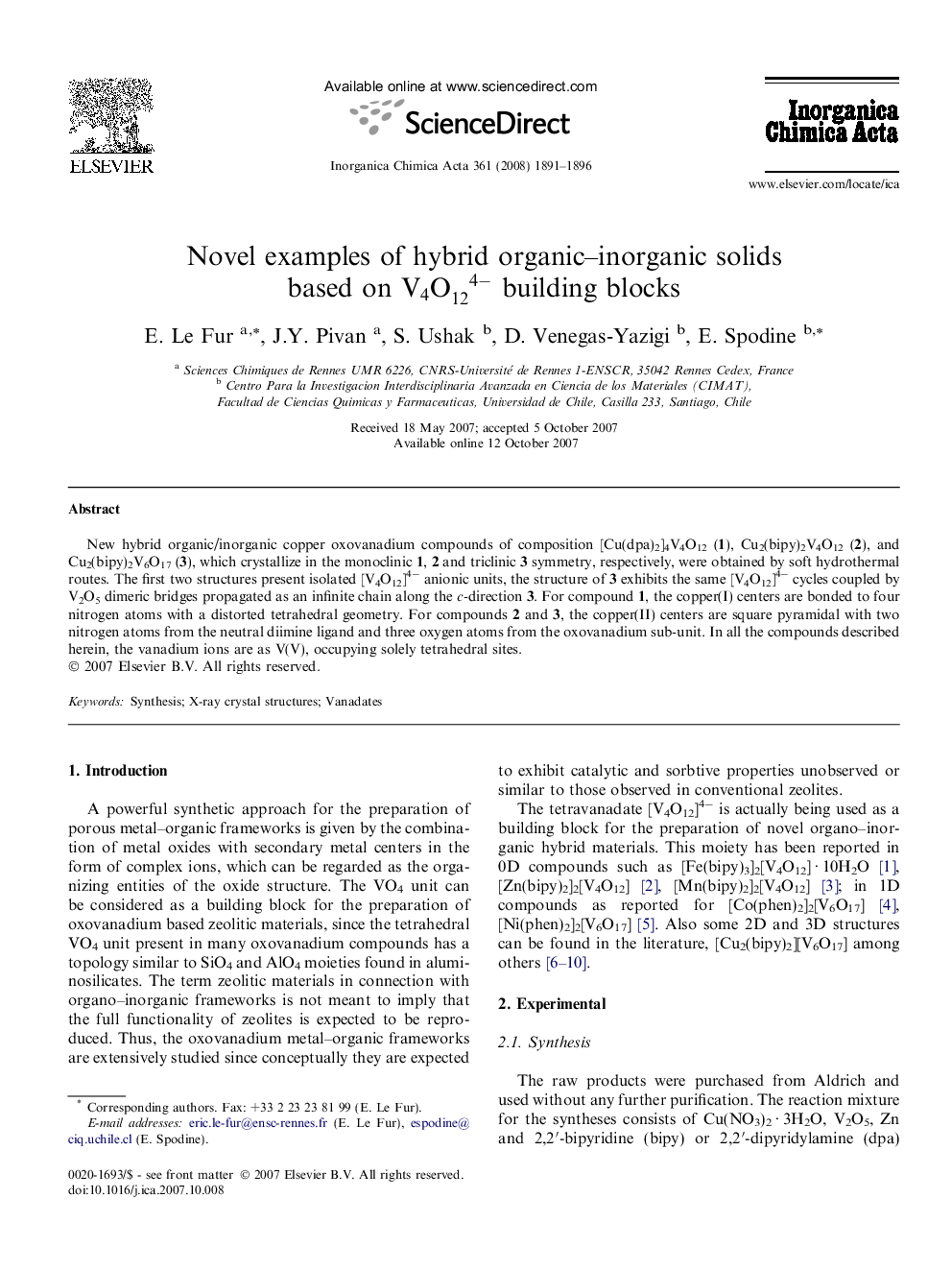 Novel examples of hybrid organic-inorganic solids based on V4O124- building blocks