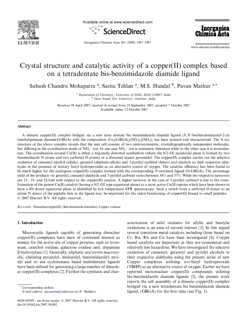 Crystal structure and catalytic activity of a copper(II) complex based on a tetradentate bis-benzimidazole diamide ligand