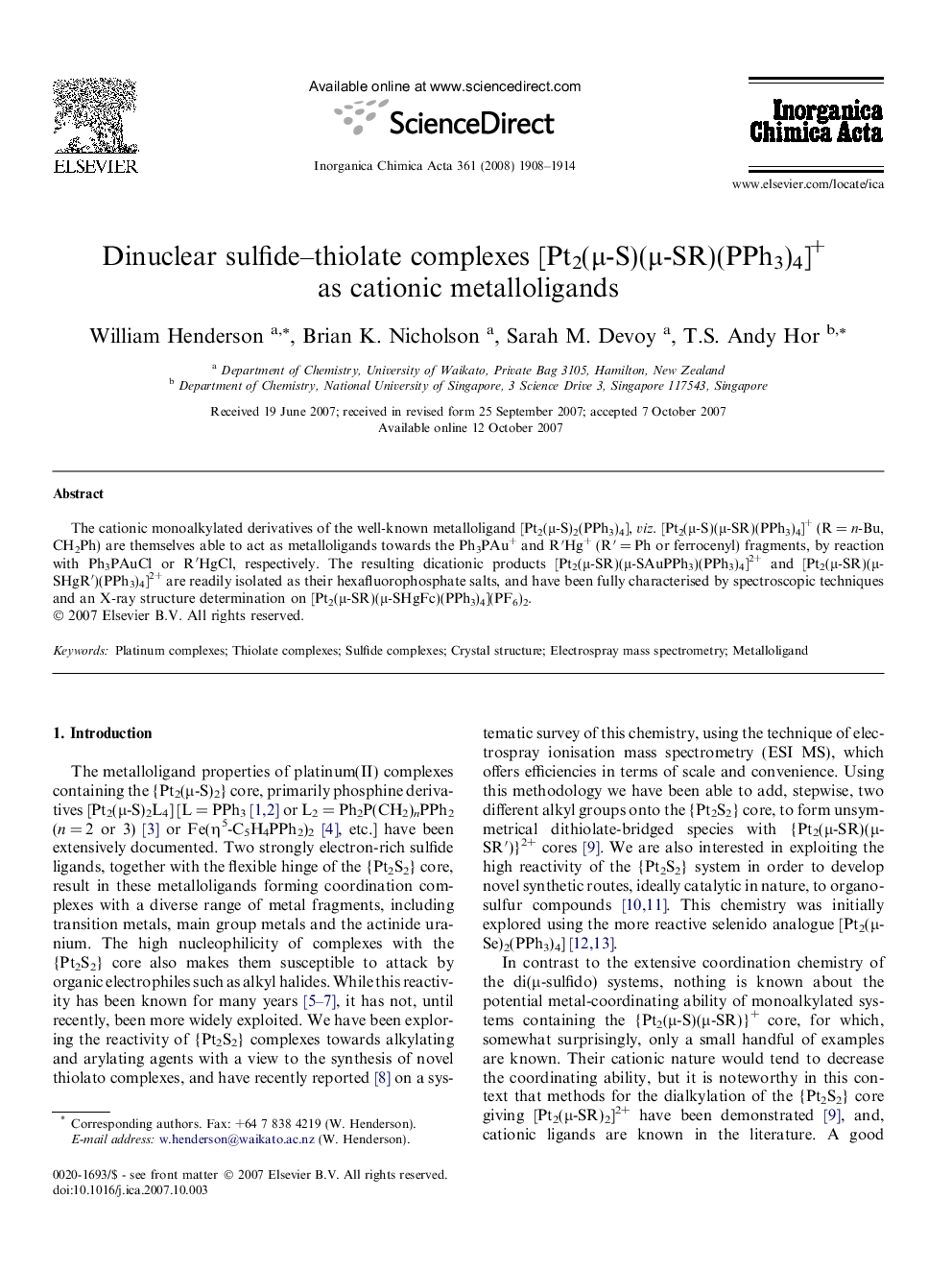 Dinuclear sulfide-thiolate complexes [Pt2(Î¼-S)(Î¼-SR)(PPh3)4]+ as cationic metalloligands