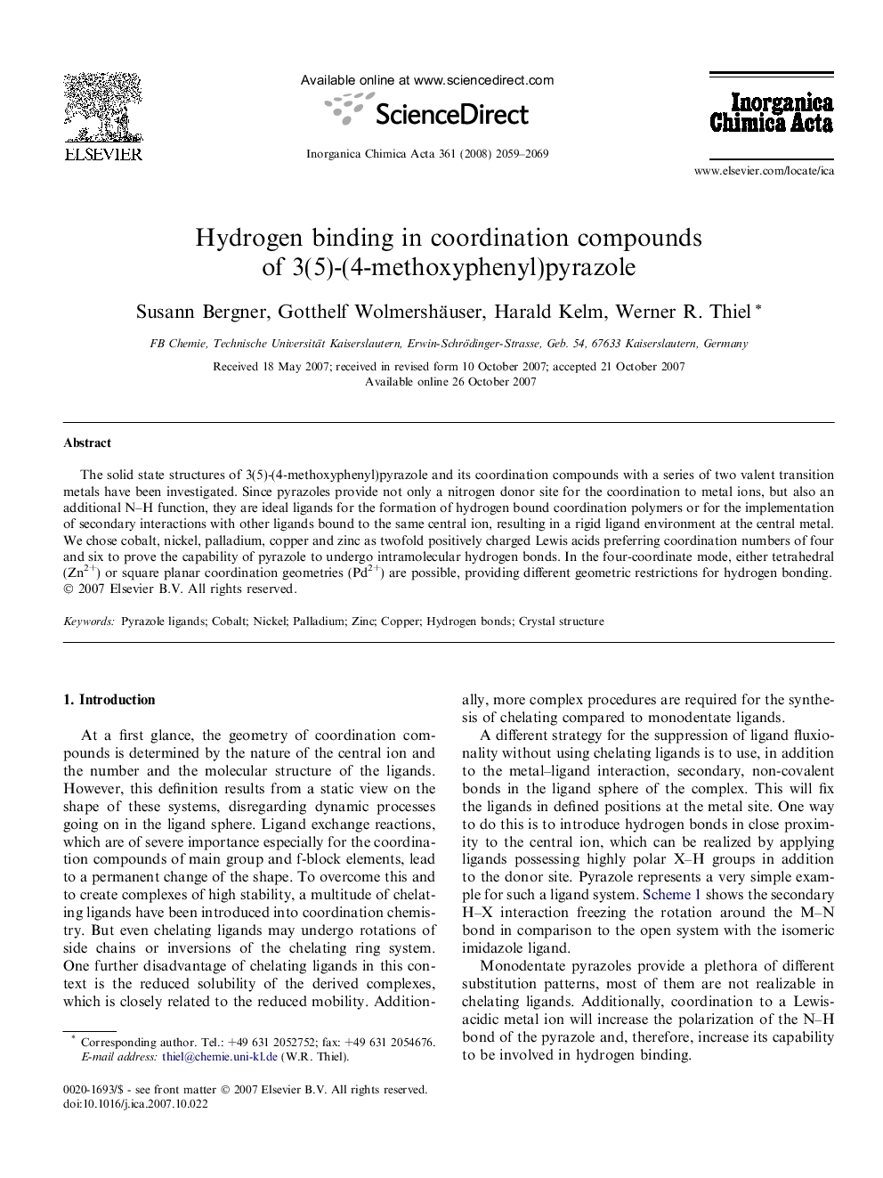 Hydrogen binding in coordination compounds of 3(5)-(4-methoxyphenyl)pyrazole