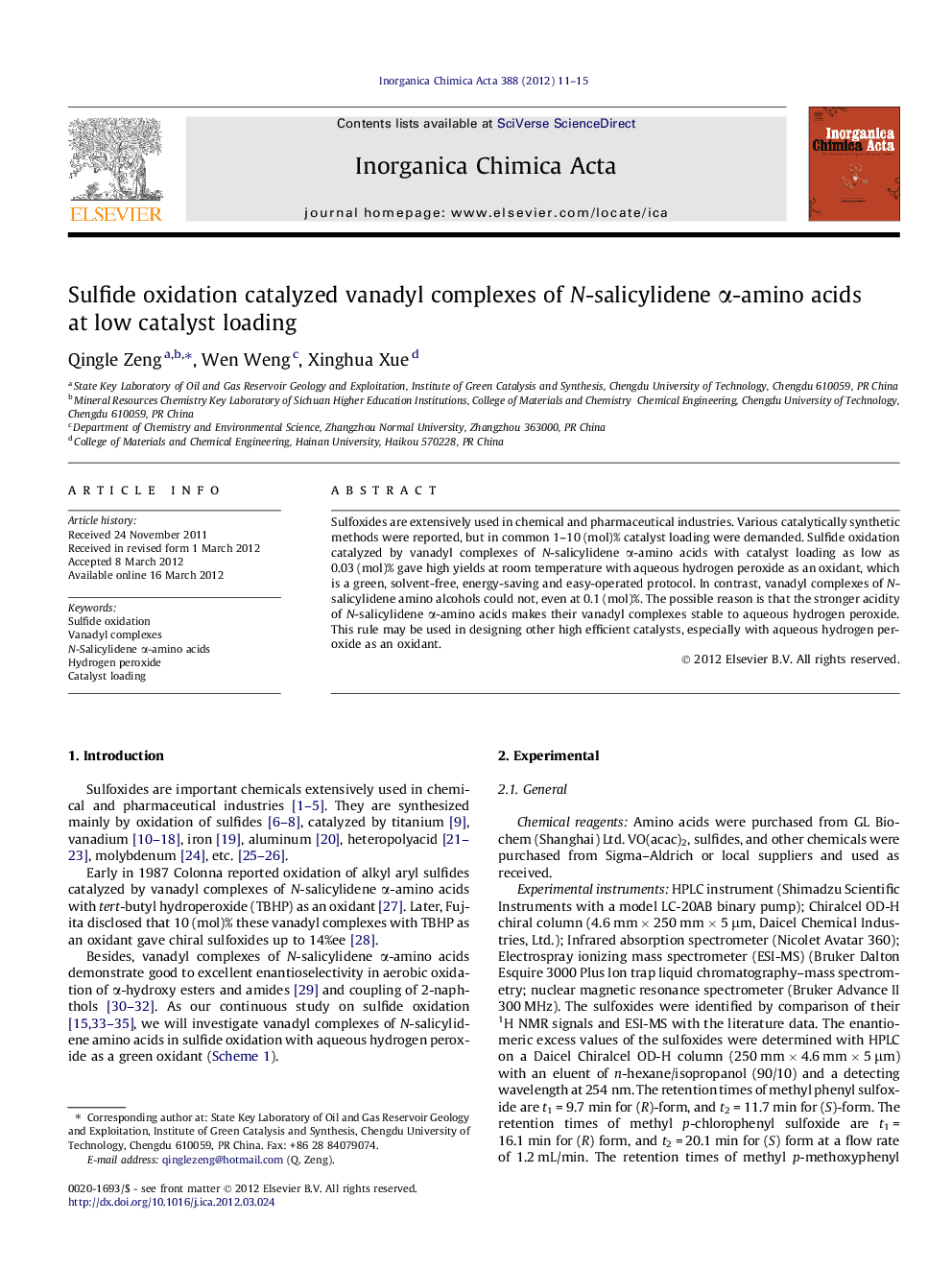 Sulfide oxidation catalyzed vanadyl complexes of N-salicylidene Î±-amino acids at low catalyst loading