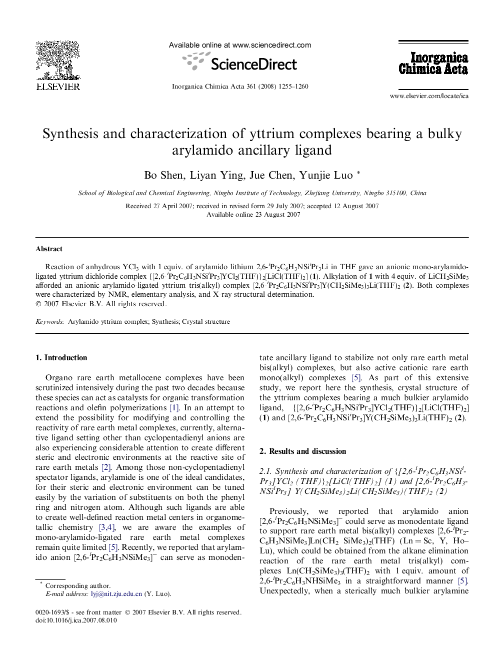 Synthesis and characterization of yttrium complexes bearing a bulky arylamido ancillary ligand