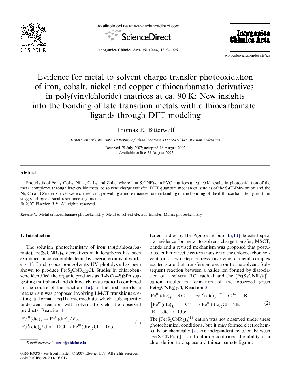 Evidence for metal to solvent charge transfer photooxidation of iron, cobalt, nickel and copper dithiocarbamato derivatives in poly(vinylchloride) matrices at ca. 90 K: New insights into the bonding of late transition metals with dithiocarbamate ligands t
