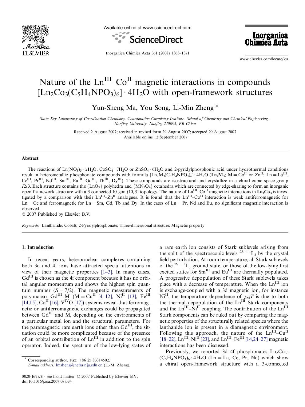 Nature of the LnIII-CoII magnetic interactions in compounds [Ln2Co3(C5H4NPO3)6]Â Â·Â 4H2O with open-framework structures