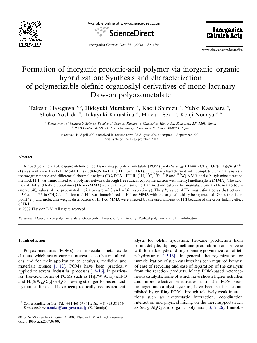 Formation of inorganic protonic-acid polymer via inorganic–organic hybridization: Synthesis and characterization of polymerizable olefinic organosilyl derivatives of mono-lacunary Dawson polyoxometalate