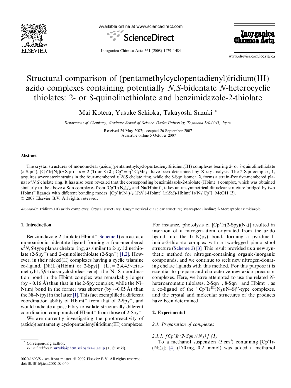 Structural comparison of (pentamethylcyclopentadienyl)iridium(III) azido complexes containing potentially N,S-bidentate N-heterocyclic thiolates: 2- or 8-quinolinethiolate and benzimidazole-2-thiolate