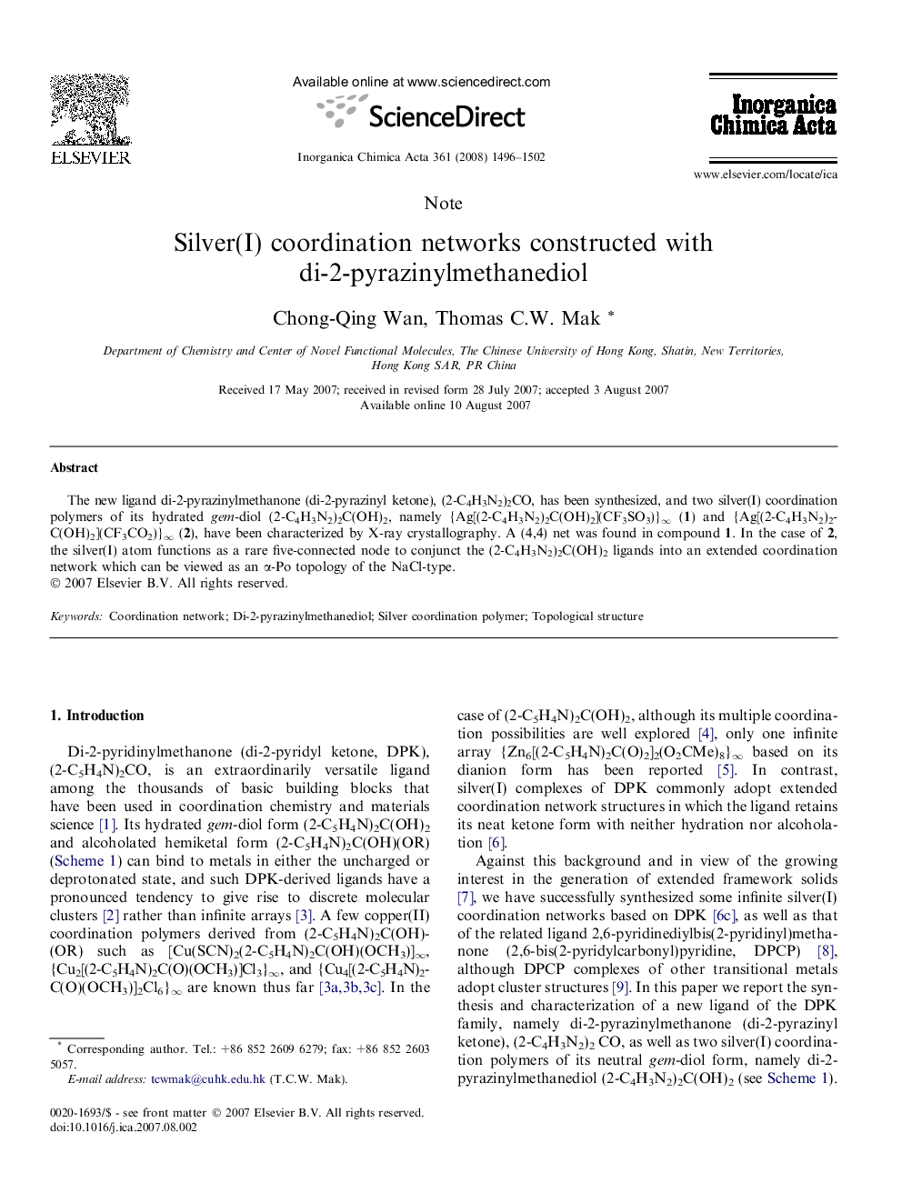 Silver(I) coordination networks constructed with di-2-pyrazinylmethanediol