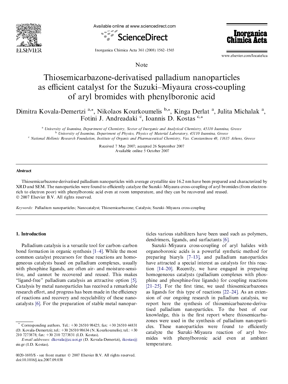 Thiosemicarbazone-derivatised palladium nanoparticles as efficient catalyst for the Suzuki–Miyaura cross-coupling of aryl bromides with phenylboronic acid