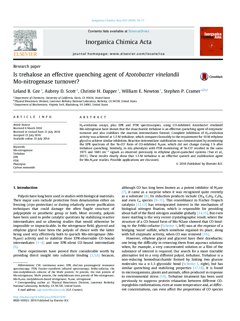 Is trehalose an effective quenching agent of Azotobacter vinelandii Mo-nitrogenase turnover?