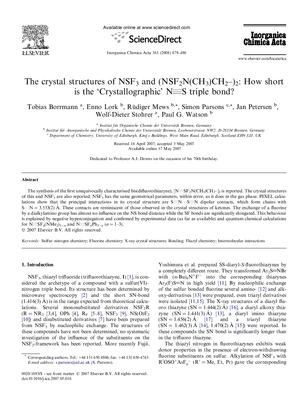 The crystal structures of NSF3 and (NSF2N(CH3)CH2–)2: How short is the ‘Crystallographic’ NS triple bond?