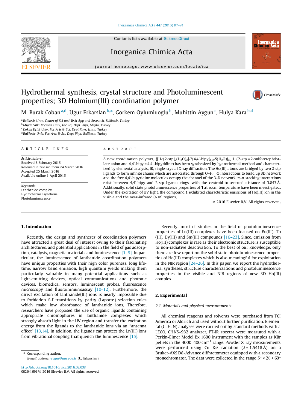 Hydrothermal synthesis, crystal structure and Photoluminescent properties; 3D Holmium(III) coordination polymer