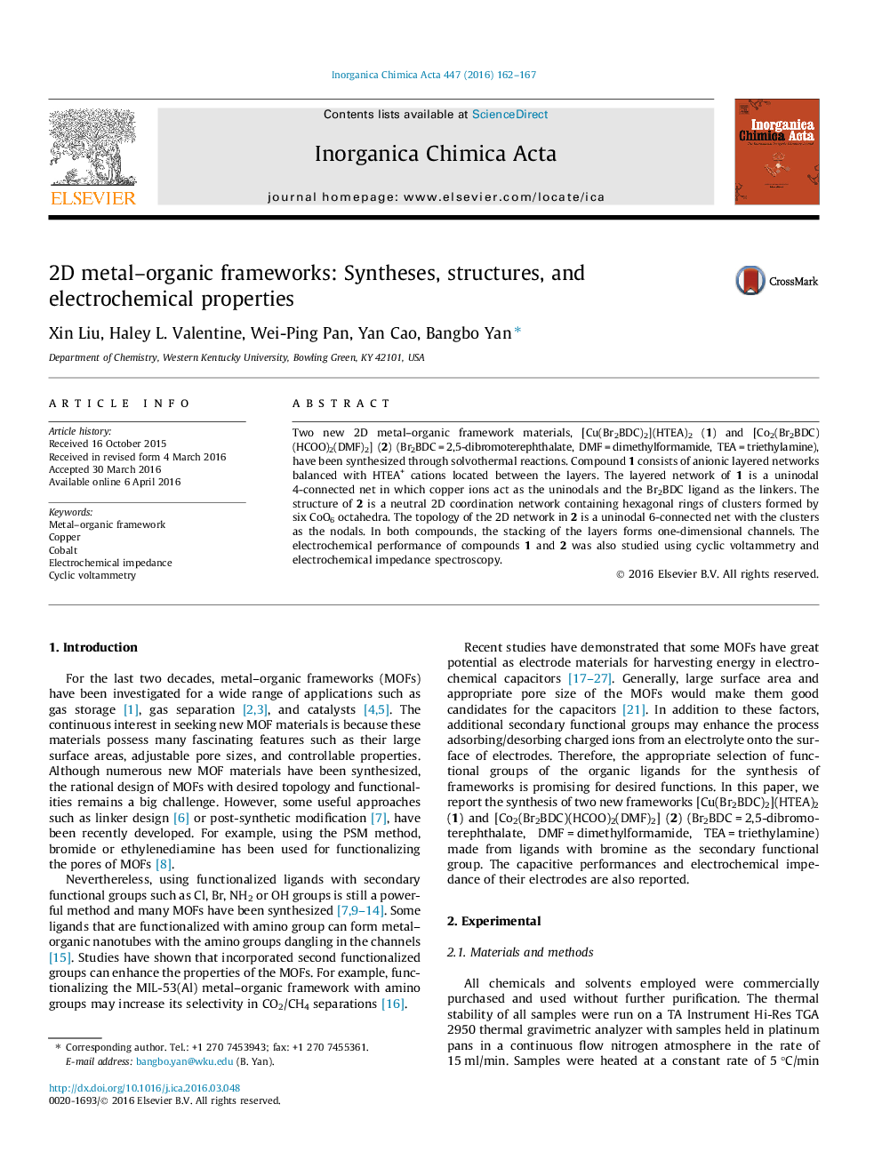 2D metal–organic frameworks: Syntheses, structures, and electrochemical properties