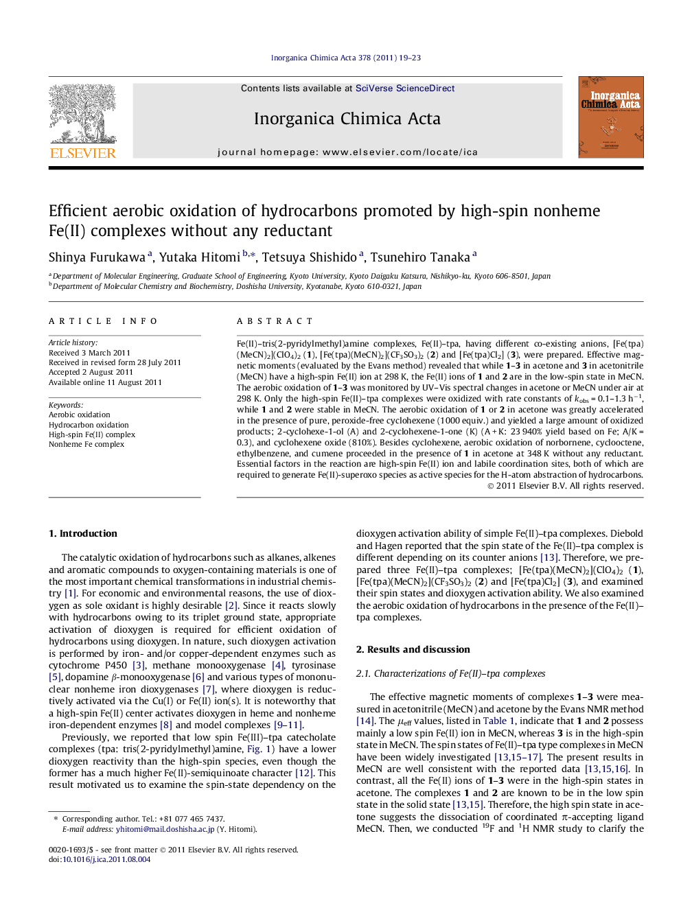 عکس صفحه اول مقاله: Efficient aerobic oxidation of hydrocarbons promoted by high-spin nonheme Fe(II) complexes without any reductant Efficient aerobic oxidation of hydrocarbons promoted by high-spin nonheme Fe(II) complexes without any reductant