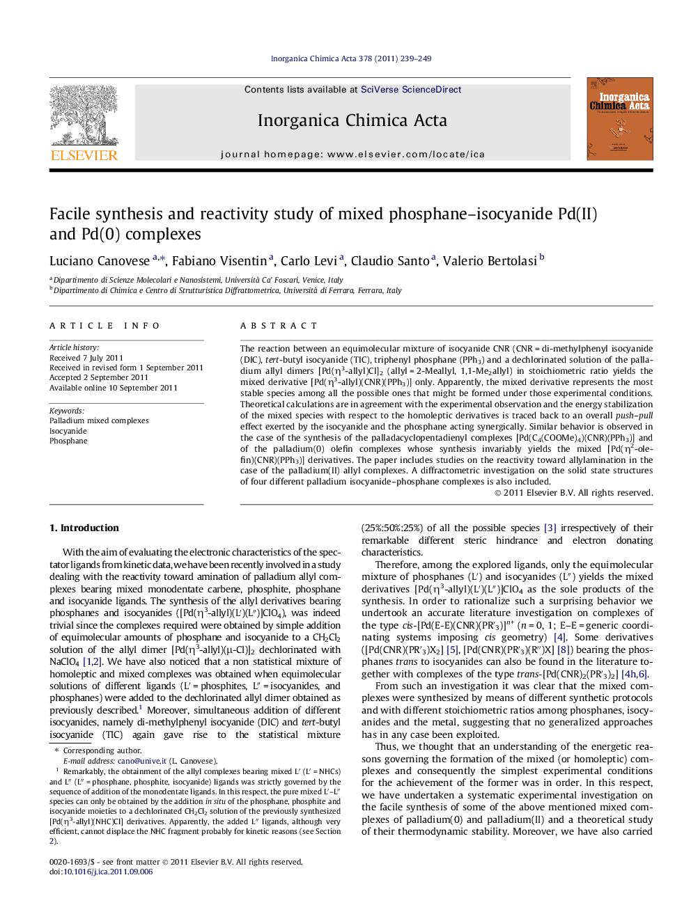 عکس صفحه اول مقاله: Facile synthesis and reactivity study of mixed phosphane-isocyanide Pd(II) and Pd(0) complexes Facile synthesis and reactivity study of mixed phosphane-isocyanide Pd(II) and Pd(0) complexes