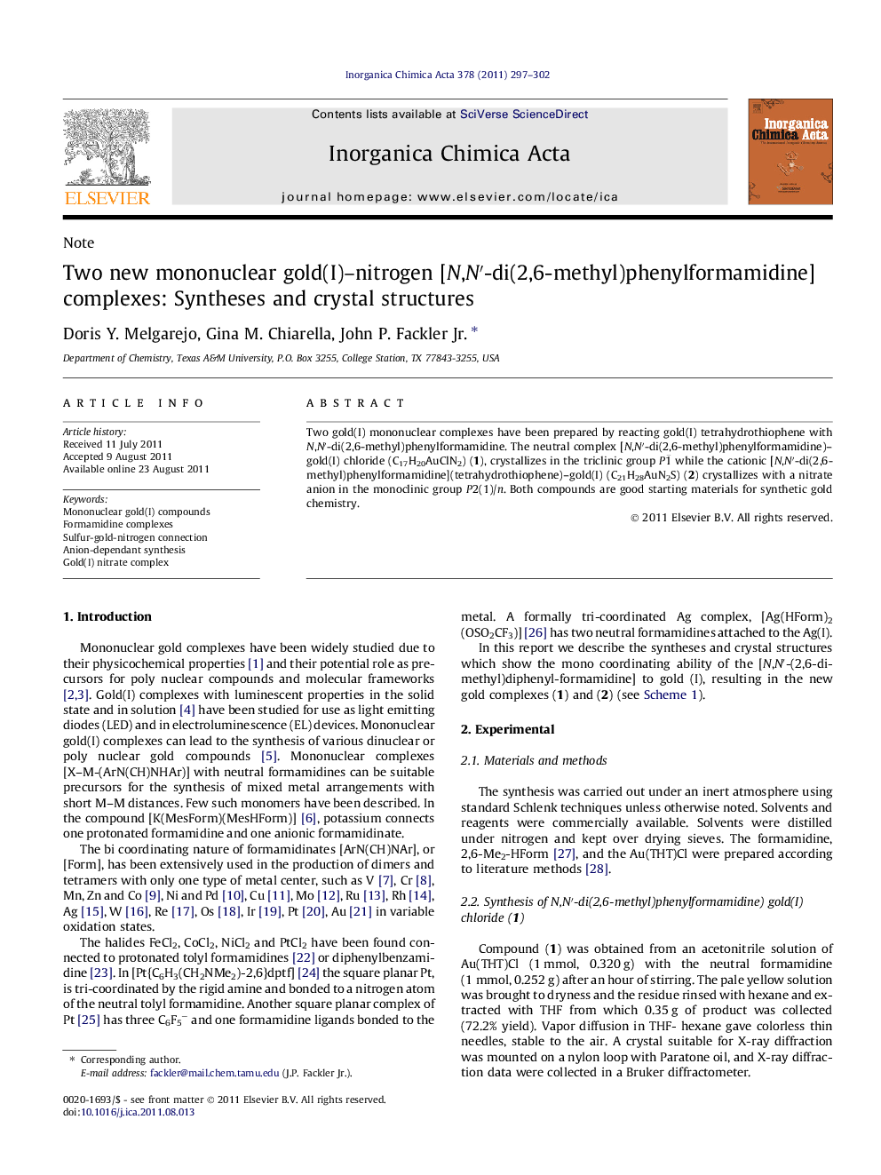 Two new mononuclear gold(I)–nitrogen [N,N′-di(2,6-methyl)phenylformamidine] complexes: Syntheses and crystal structures