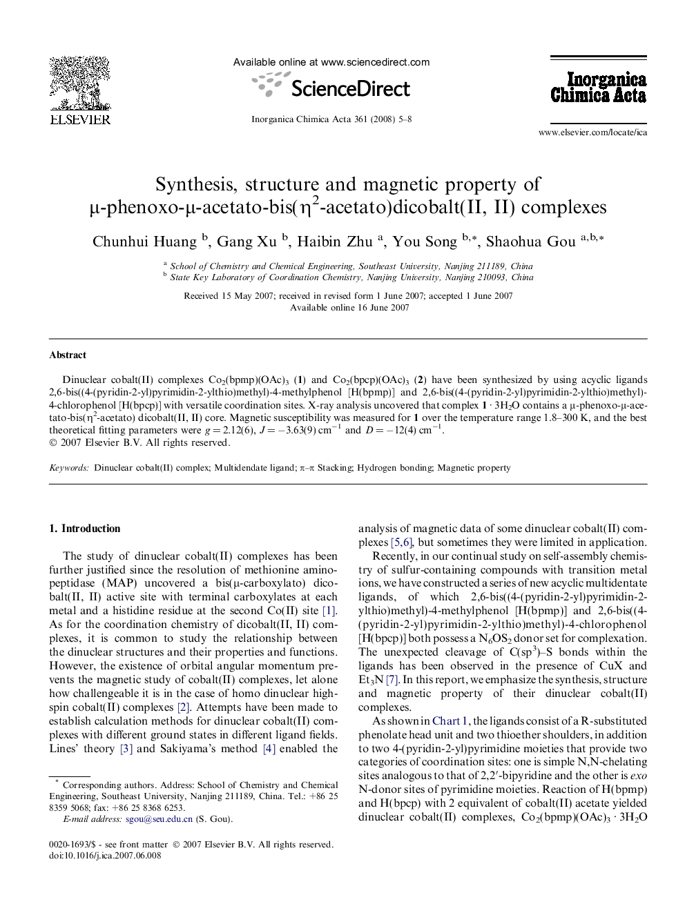 Synthesis, structure and magnetic property of Î¼-phenoxo-Î¼-acetato-bis(Î·2-acetato)dicobalt(II, II) complexes