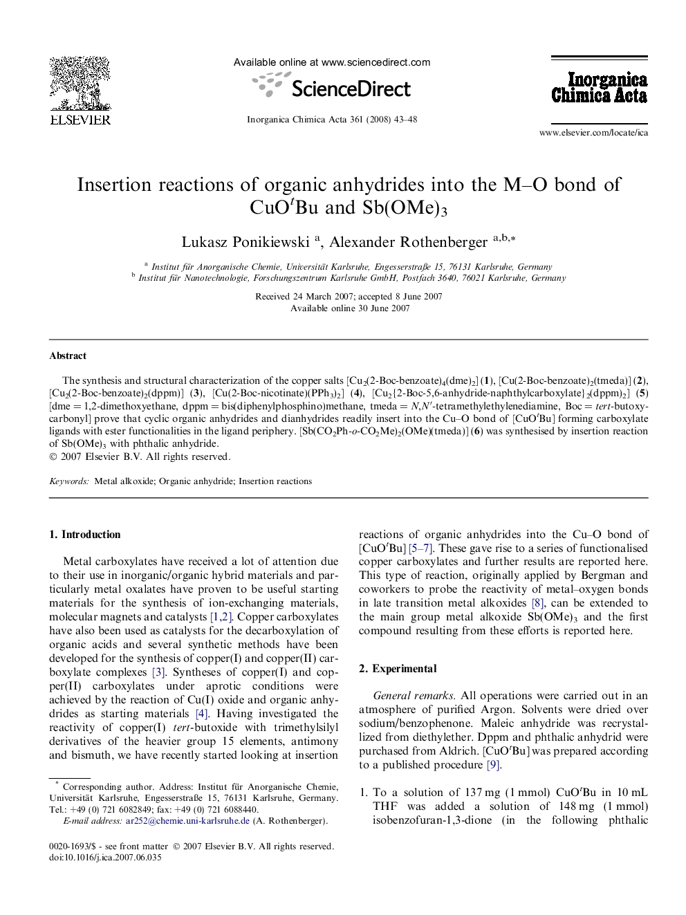 Insertion reactions of organic anhydrides into the M–O bond of CuOtBu and Sb(OMe)3