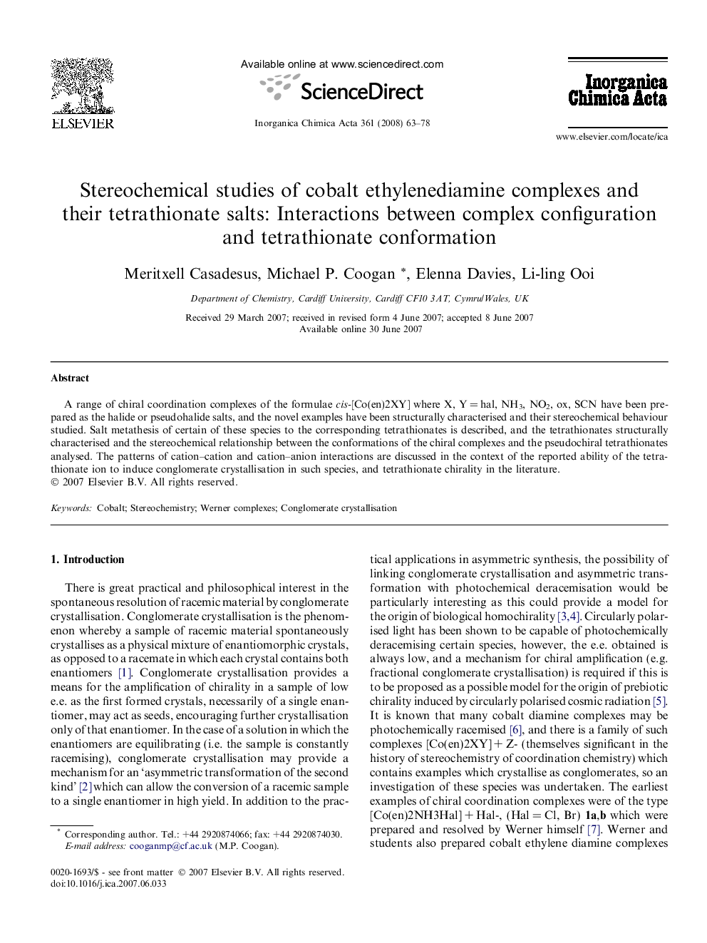 Stereochemical studies of cobalt ethylenediamine complexes and their tetrathionate salts: Interactions between complex configuration and tetrathionate conformation