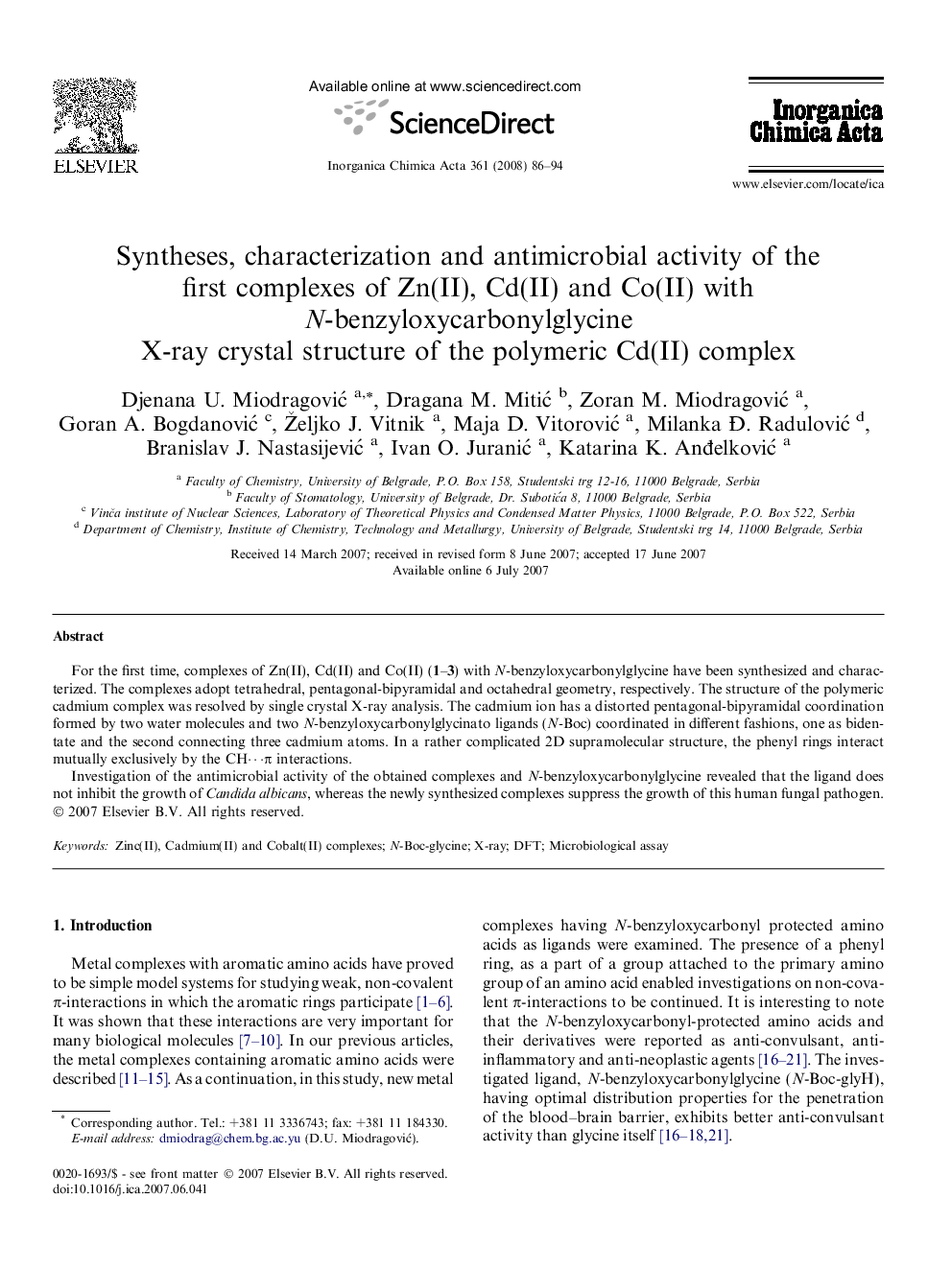 Syntheses, characterization and antimicrobial activity of the first complexes of Zn(II), Cd(II) and Co(II) with N-benzyloxycarbonylglycine