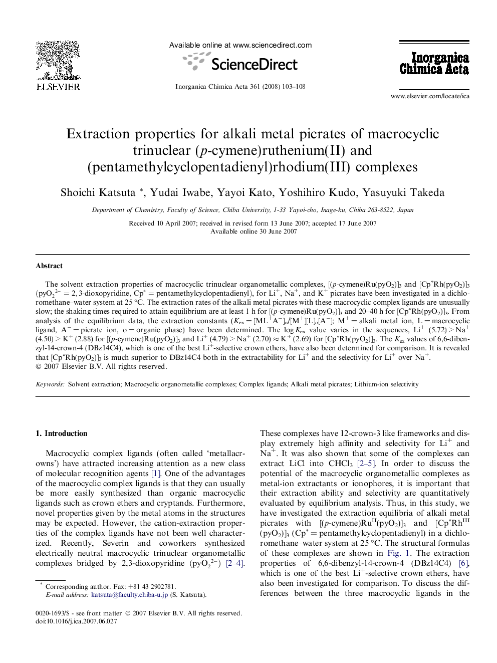 Extraction properties for alkali metal picrates of macrocyclic trinuclear (p-cymene)ruthenium(II) and (pentamethylcyclopentadienyl)rhodium(III) complexes