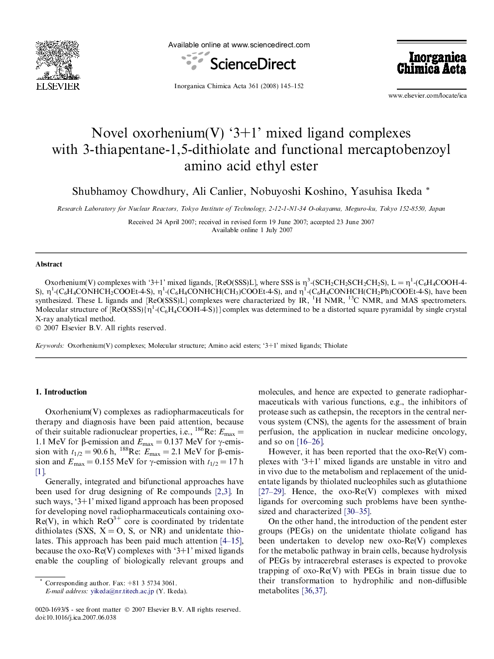 Novel oxorhenium(V) ‘3+1’ mixed ligand complexes with 3-thiapentane-1,5-dithiolate and functional mercaptobenzoyl amino acid ethyl ester