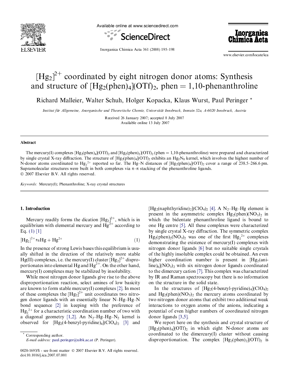 [Hg2]2+ coordinated by eight nitrogen donor atoms: Synthesis and structure of [Hg2(phen)4](OTf)2, phen = 1,10-phenanthroline