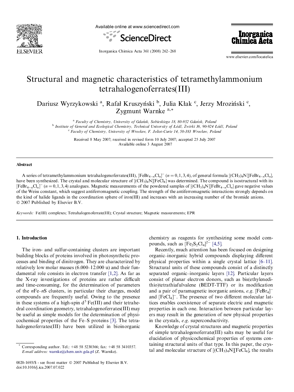 Structural and magnetic characteristics of tetramethylammonium tetrahalogenoferrates(III)