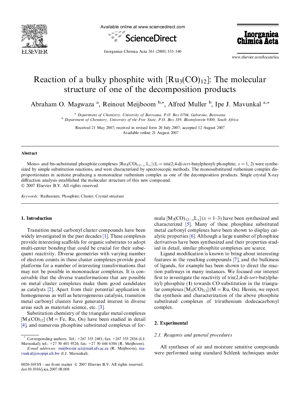 Reaction of a bulky phosphite with [Ru3(CO)12]: The molecular structure of one of the decomposition products