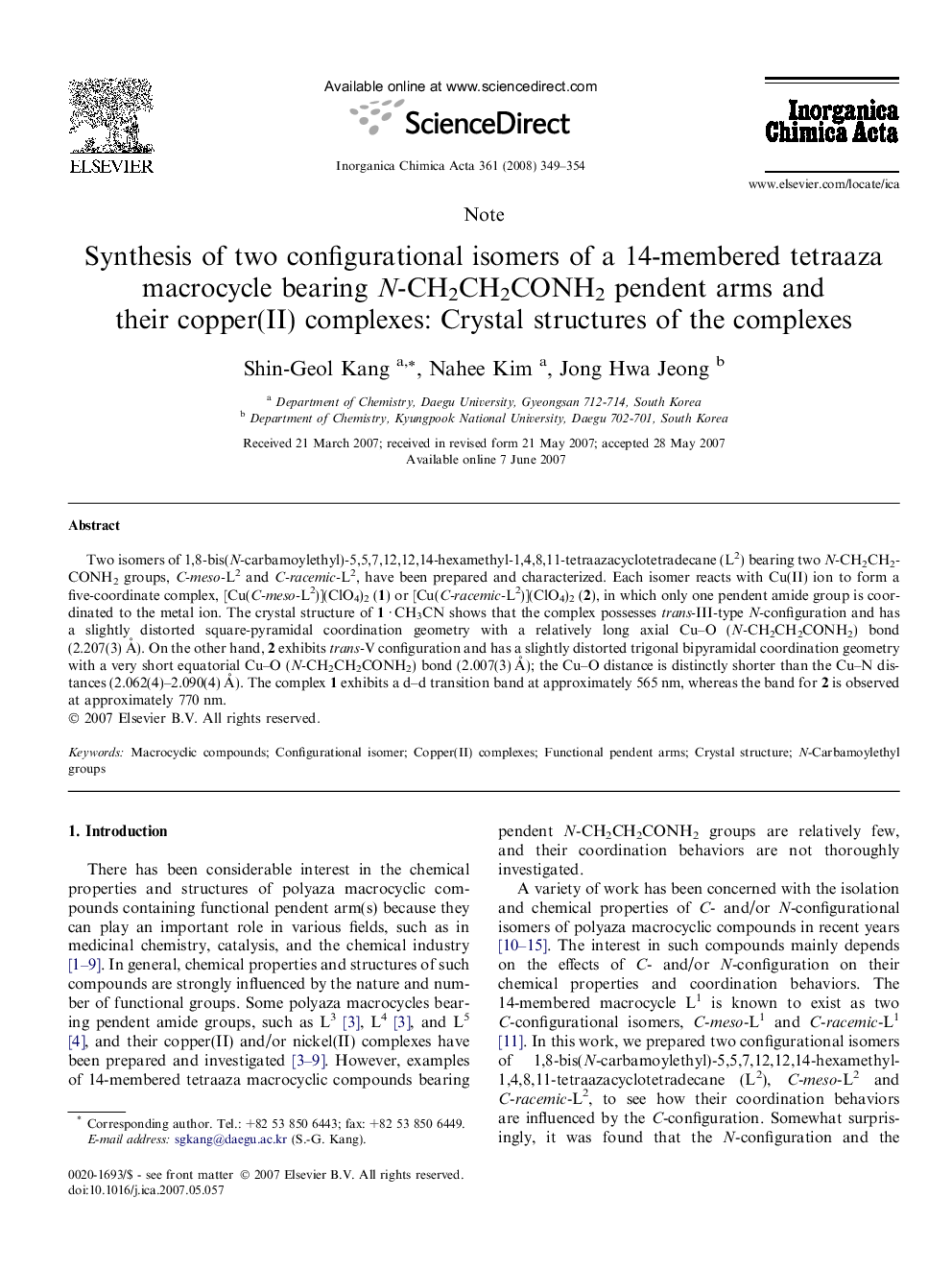 عکس صفحه اول مقاله: Synthesis of two configurational isomers of a 14-membered tetraaza macrocycle bearing N-CH2CH2CONH2 pendent arms and their copper(II) complexes: Crystal structures of the complexes Synthesis of two configurational isomers of a 14-membered tetraaza macrocycle bearing N-CH2CH2CONH2 pendent arms and their copper(II) complexes: Crystal structures of the complexes