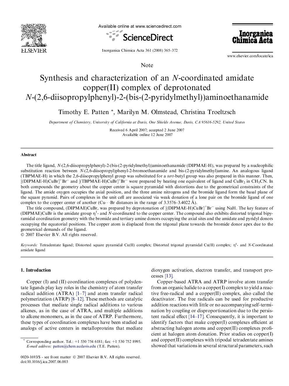 Synthesis and characterization of an N-coordinated amidate copper(II) complex of deprotonated N-(2,6-diisopropylphenyl)-2-(bis-(2-pyridylmethyl))aminoethanamide