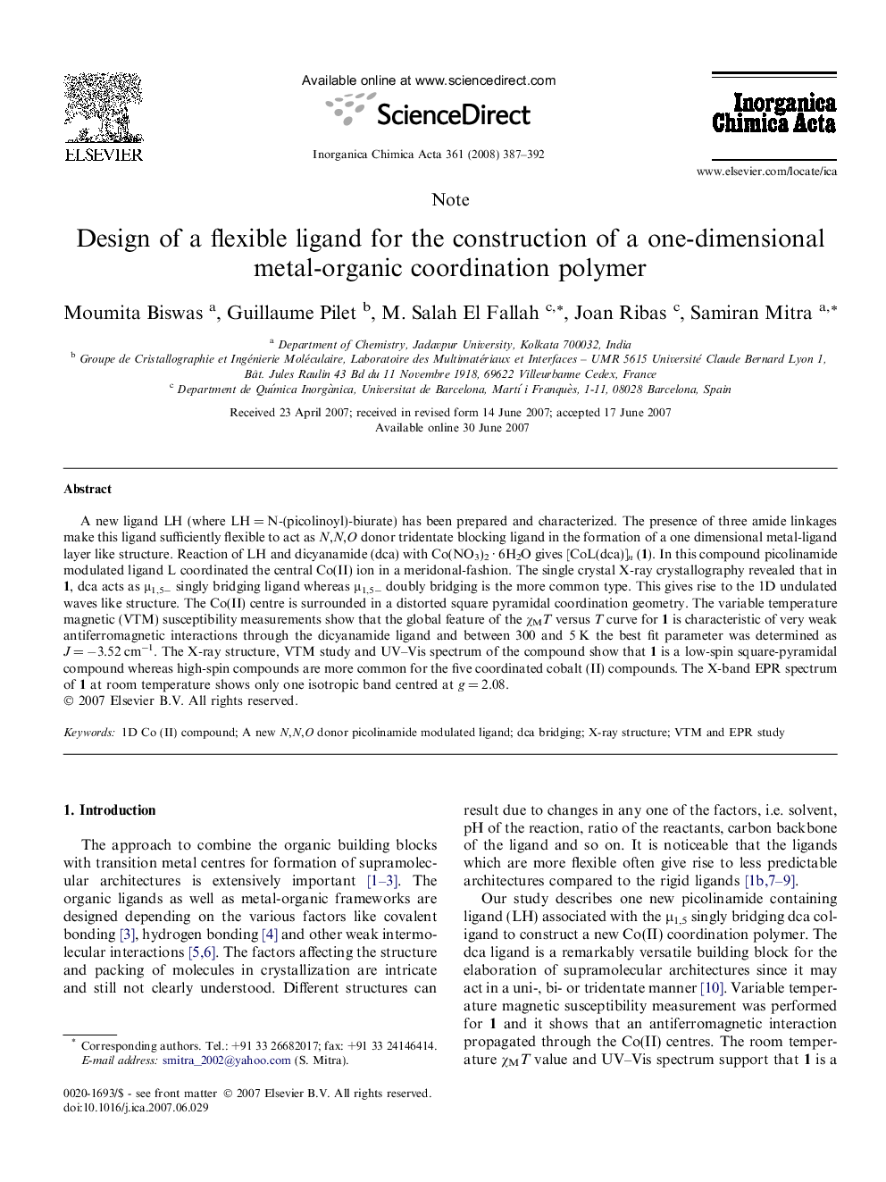 Design of a flexible ligand for the construction of a one-dimensional metal-organic coordination polymer