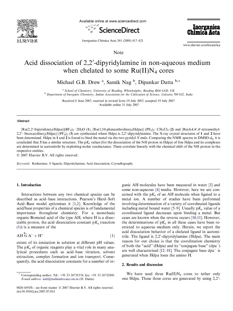 Acid dissociation of 2,2′-dipyridylamine in non-aqueous medium when chelated to some Ru(II)N4 cores