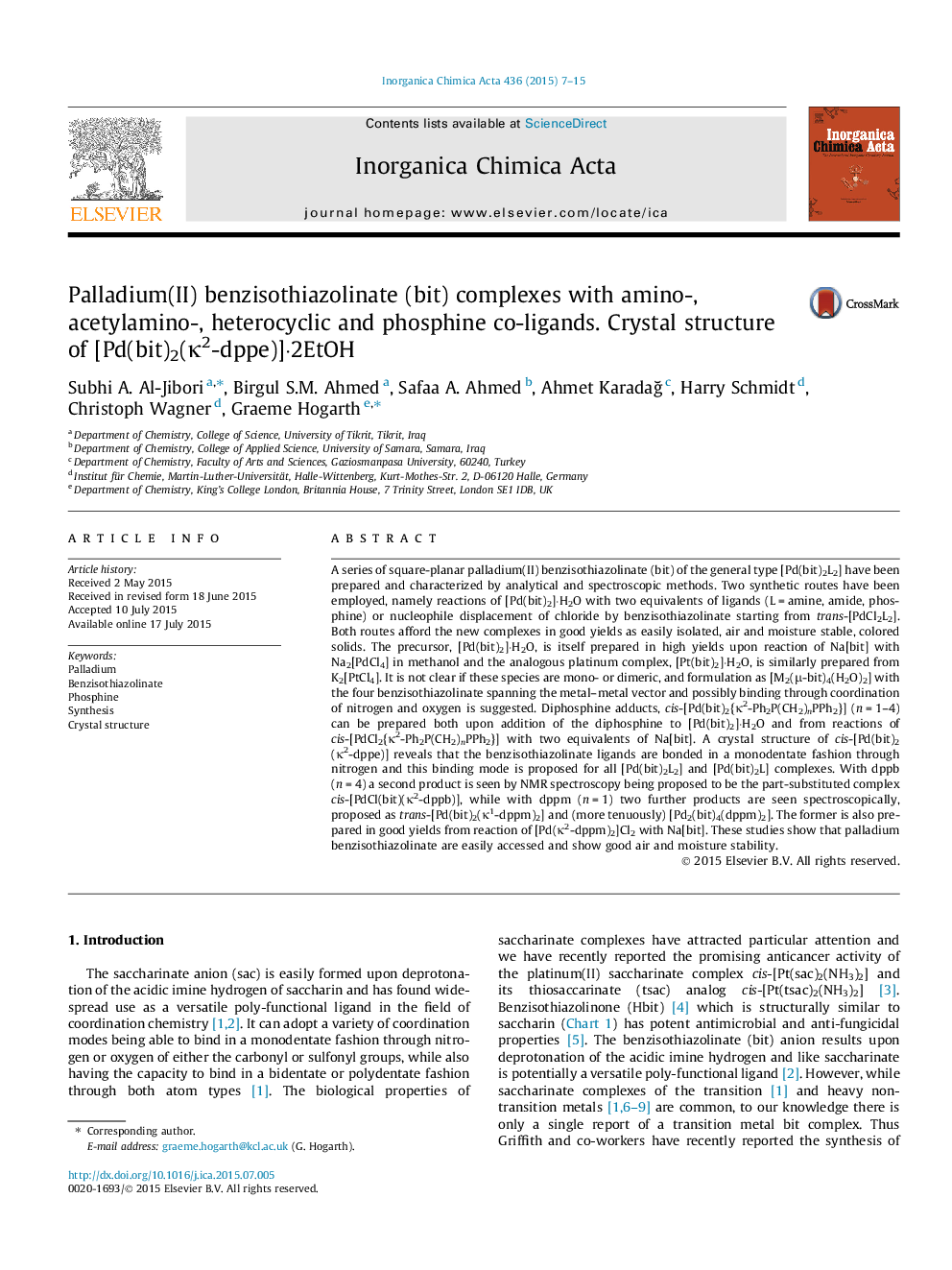 Palladium(II) benzisothiazolinate (bit) complexes with amino-, acetylamino-, heterocyclic and phosphine co-ligands. Crystal structure of [Pd(bit)2(Îº2-dppe)]Â·2EtOH