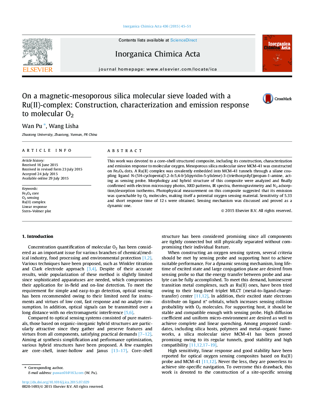 On a magnetic-mesoporous silica molecular sieve loaded with a Ru(II)-complex: Construction, characterization and emission response to molecular O2