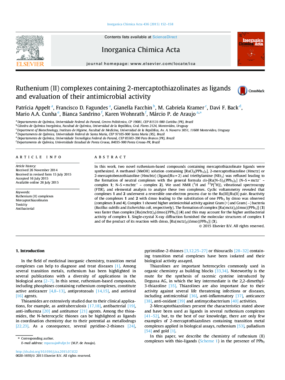 Ruthenium (II) complexes containing 2-mercaptothiazolinates as ligands and evaluation of their antimicrobial activity