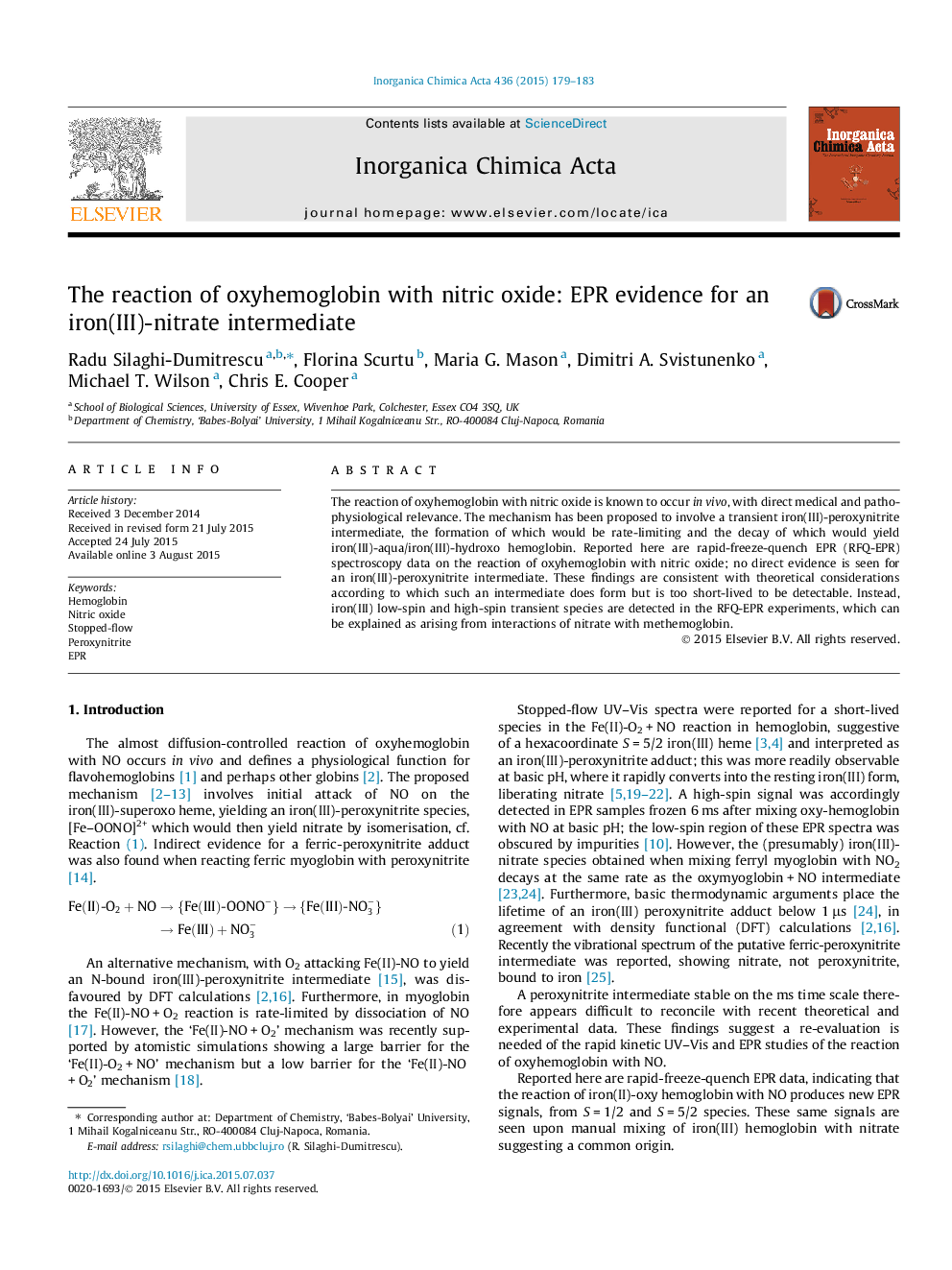 The reaction of oxyhemoglobin with nitric oxide: EPR evidence for an iron(III)-nitrate intermediate