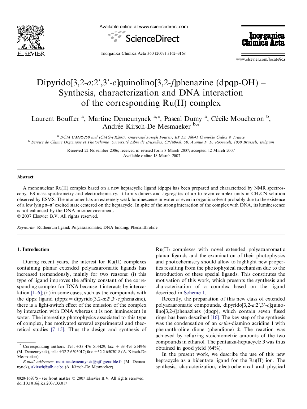 Dipyrido[3,2-a:2′,3′-c]quinolino[3,2-j]phenazine (dpqp-OH) – Synthesis, characterization and DNA interaction of the corresponding Ru(II) complex