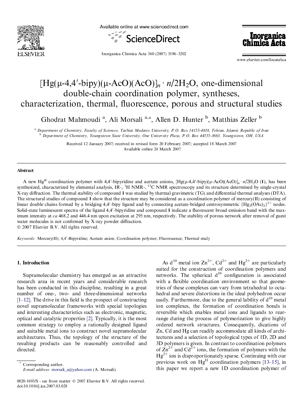 [Hg(μ-4,4′-bipy)(μ-AcO)(AcO)]n · n/2H2O, one-dimensional double-chain coordination polymer, syntheses, characterization, thermal, fluorescence, porous and structural studies