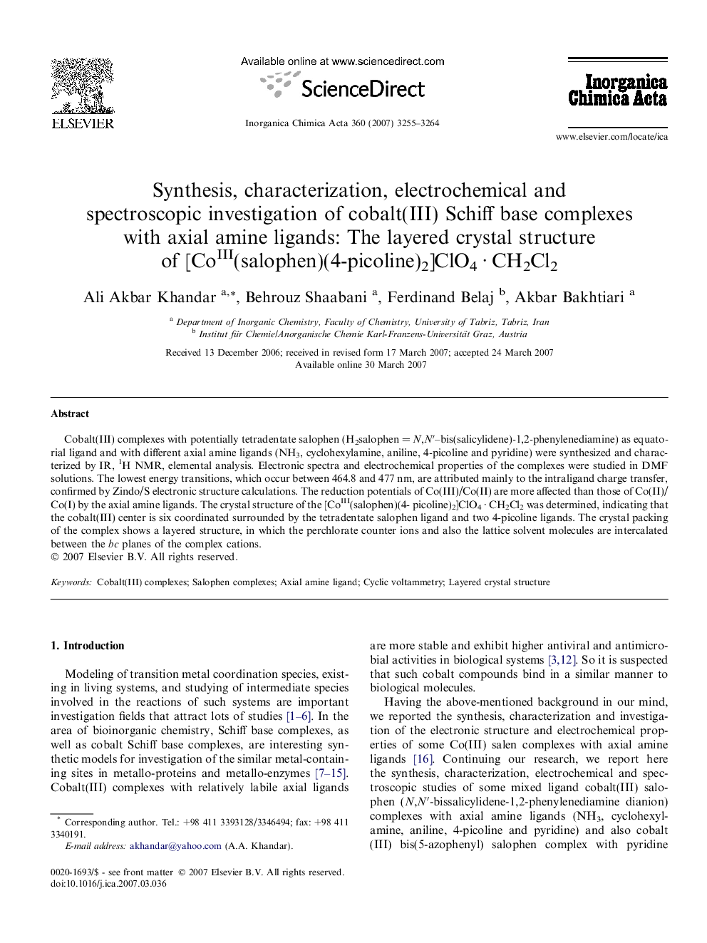 Synthesis, characterization, electrochemical and spectroscopic investigation of cobalt(III) Schiff base complexes with axial amine ligands: The layered crystal structure of [CoIII(salophen)(4-picoline)2]ClO4 · CH2Cl2