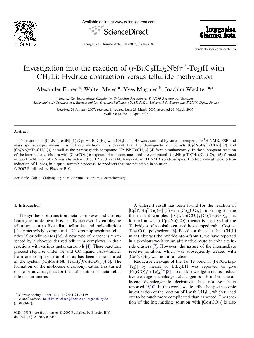 Investigation into the reaction of (t-BuC5H4)2Nb(Î·2-Te2)H with CH3Li: Hydride abstraction versus telluride methylation