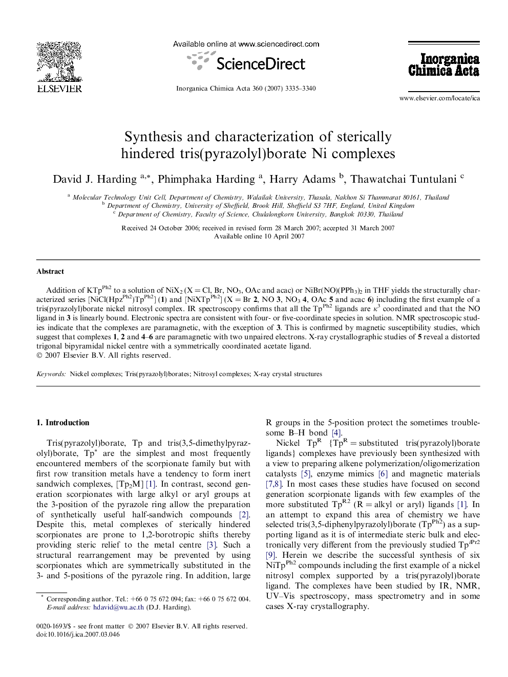 Synthesis and characterization of sterically hindered tris(pyrazolyl)borate Ni complexes